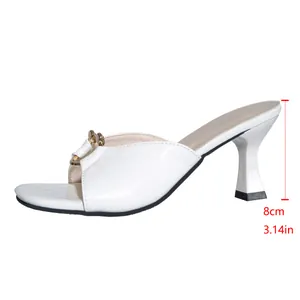 Side view of white croc-embossed high heel mule showing 8cm heel height measurement.