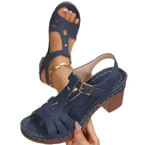 Elegant summer navy blue chunky heel sandals featuring a peep-toe and T-strap design