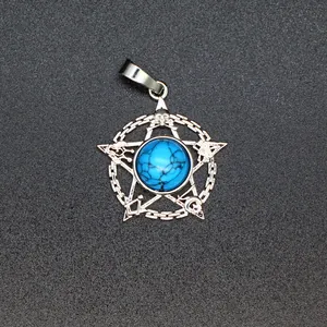 Zilveren pentagram hanger met blauwe steen en vrijmetselaarssymbolen voor mannen