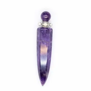 Detailed macro view of a natural amethyst hexagonal cone perfume bottle pendant