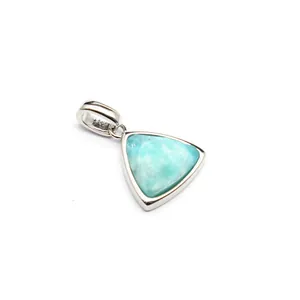 Elegant triangular light blue amazonite gemstone pendant with silver-plated bezel setting.