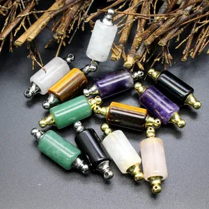 Natural Stone Essential Oil Bottle Pendant Cylinder Crystal Clear Quartz Amethyst Perfume Bottle Necklace For Women Jewelry