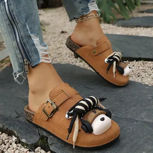 Comfortable brown suede platform clogs with cartoon bear and rope knot detail on feet
