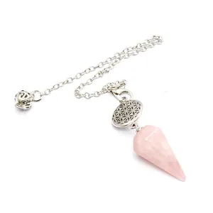 Pendentif pendule en quartz rose avec breloque fleur de vie pour divination et bien-être