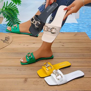 Flat square toe slides for women featuring elegant gold chain detailing in multiple colors