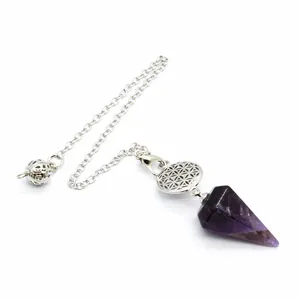 Collier pendule en améthyste naturelle avec chaîne en argent et fleur de vie sculptée