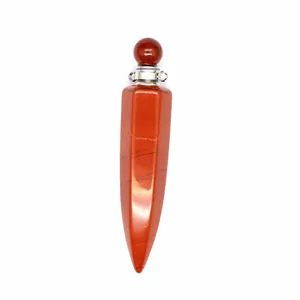 Detailed view of a natural red jasper stone hexagonal cone essential oil bottle pendant