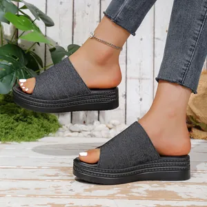 Women's denim platform slide sandals with thick sole for casual summer outdoor wear