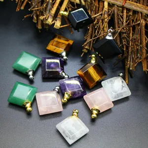 Colgante Botella de Perfume de Piedra Natural de Rombo Difusor de Aceite Esencial Tapa de Cobre Amatista Cuarzo Rosa Joyería