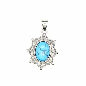Elegant vintage silver-plated hollow pendant featuring a blue oval natural stone inlay.