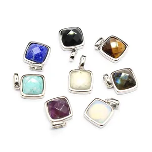 Close-up detail view of assorted square faceted natural stone pendants in vibrant colors.