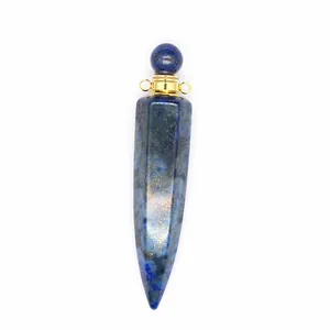 Detailed view of a hexagonal blue lapis lazuli crystal perfume bottle pendant charm