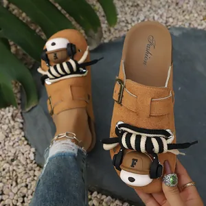 Comfortable tan platform clogs with cute cartoon bear decoration for summer
