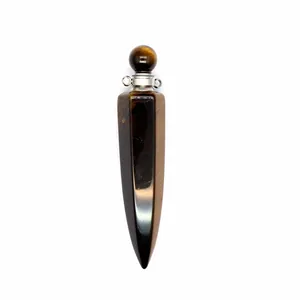 Detailed view of natural tiger's eye stone hexagonal cone perfume bottle necklace pendant