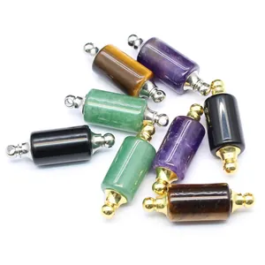 Assorted natural stone cylinder essential oil bottle pendants in various vibrant colors.