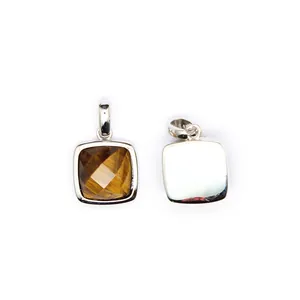 Detailed macro front and back view of a square faceted natural tiger eye stone pendant