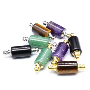 Close-up of cylindrical natural stone essential oil bottle pendants in various colors