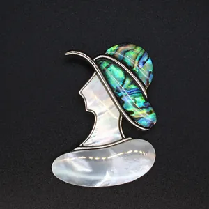 Détail d'une élégante broche de dame avec incrustation de nacre d'ormeau irisée naturelle.