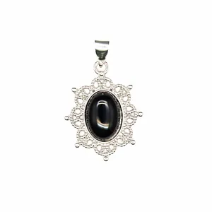 Vintage silver-plated filigree pendant with oval black natural onyx stone detail