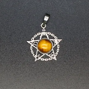 Pentagram hanger met tijgeroogsteen en vrijmetselaarssymbolen