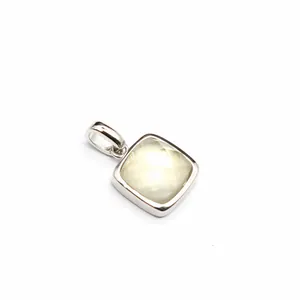 Close-up detail of a square cushion-cut pale green amazonite gemstone pendant in silver
