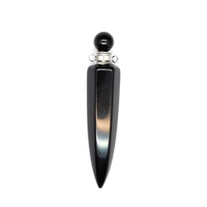 Detailed view of polished black obsidian cone perfume bottle pendant with silver metal loops