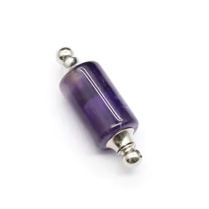 Detailed view of cylindrical amethyst crystal aromatherapy pendant with silver cap.
