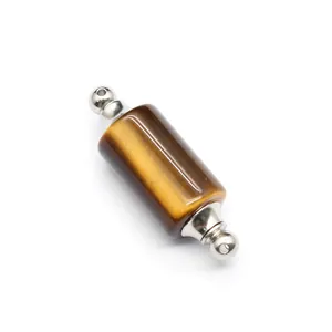 Detailed macro view of a cylindrical Tiger Eye stone essential oil bottle pendant.