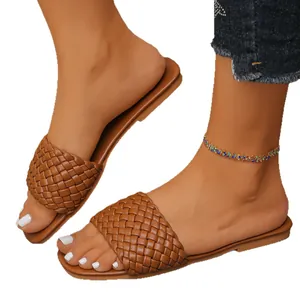 Stylish brown woven flat slides for women summer beach Roman style comfortable sandals