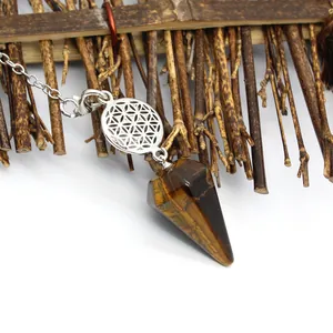 Gros plan d'un collier pendule en œil de tigre avec un détail de fleur de vie en argent poli.