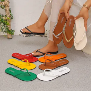 Women Fashion Braided Strap Flat Flip Flops Summer Beach Thong Sandals Metallic PU Leather Casual Outdoor Slides Shoes For Vacation
