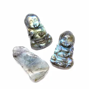 Set aus natürlichen Labradorit-Schnitzereien mit Buddha Sonnen- und Mondgesichtern