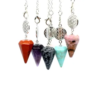 Collier Pendentif Colonne Hexagonale en Pierre Naturelle Fleur de Vie Alliage Cristal de Guérison Bijoux Spirituels Femme
