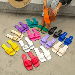 Women Square Toe Flat Slides Pleated PU Leather Summer Casual Large Size One Strap Slippers Outdoor Beach Walking Sandals