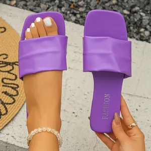 Purple square toe flat slide sandals with pleated strap for women, plus size 44.