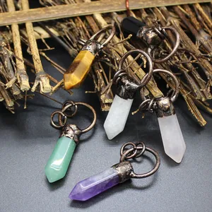 Hexagonale Säule Naturstein Kristall Anhänger Vintage Legierung Obsidian Amethyst Rosenquarz Für DIY Schmuckherstellung