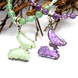 Natural Semi-Precious Stone Crystal Butterfly Pendant Necklace For Women Beaded Chain Luxurious Jewelry Gift