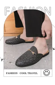 Detailed view of men's black quilted backless loafers with golden horsebit buckle