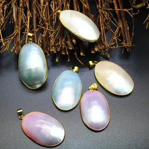 Natural Mother Of Pearl Oval Pendant Necklace For Women Gold Plated Alloy Shell Large Charms DIY Jewelry Making Findings