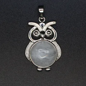 Dettaglio di un ciondolo a forma di gufo in argento con cristallo bianco tondo.