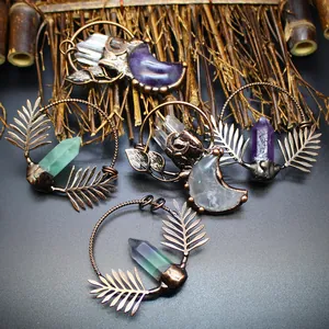 Vintage Punk Natural Amethyst Moon Pendant Bronze Plant Leaf Hexagonal Column Fluorite Sweater Chain Jewelry For Women Men