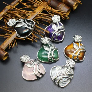 Pendentif Rose Cœur en Pierre Naturelle Obsidienne Améthyste Aventurine Œil de Tigre Quartz Rose Cristal Alliage Pendentif Rose