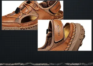 Detail shot of men's brown leather sandals showing hand-stitched seams and texture.