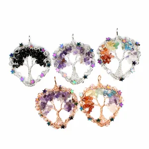 Tree Of Life Pendant Necklace Wire Wrapped Natural Stone Chips Amethyst Rose Quartz Heart Round Charm Jewelry For Women