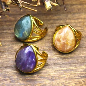 Vintage Water Drop Gemstone Open Ring For Women Gold Plated Hollow Geometric Adjustable Pear Cut Crystal Finger Jewelry