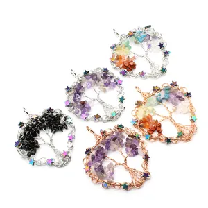 Intricate detail of heart-shaped Tree of Life wire-wrapped pendants with colorful stones.
