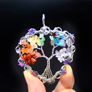 Handmade Tree of Life pendant featuring rainbow crystal chips and rainbow star accents