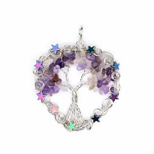 Close-up of Tree of Life pendant with purple amethyst chips and rainbow stars on white.