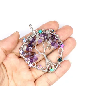 Detailed view of circular Tree of Life pendant necklace with purple stones and star charms