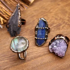 Anello in Pietra Naturale Vintage per Uomo Donna Tormalina Nera Cianite Ametista Labradorite Pietra Grezza Lega Invecchiata Anello Aperto Gioielli Boho